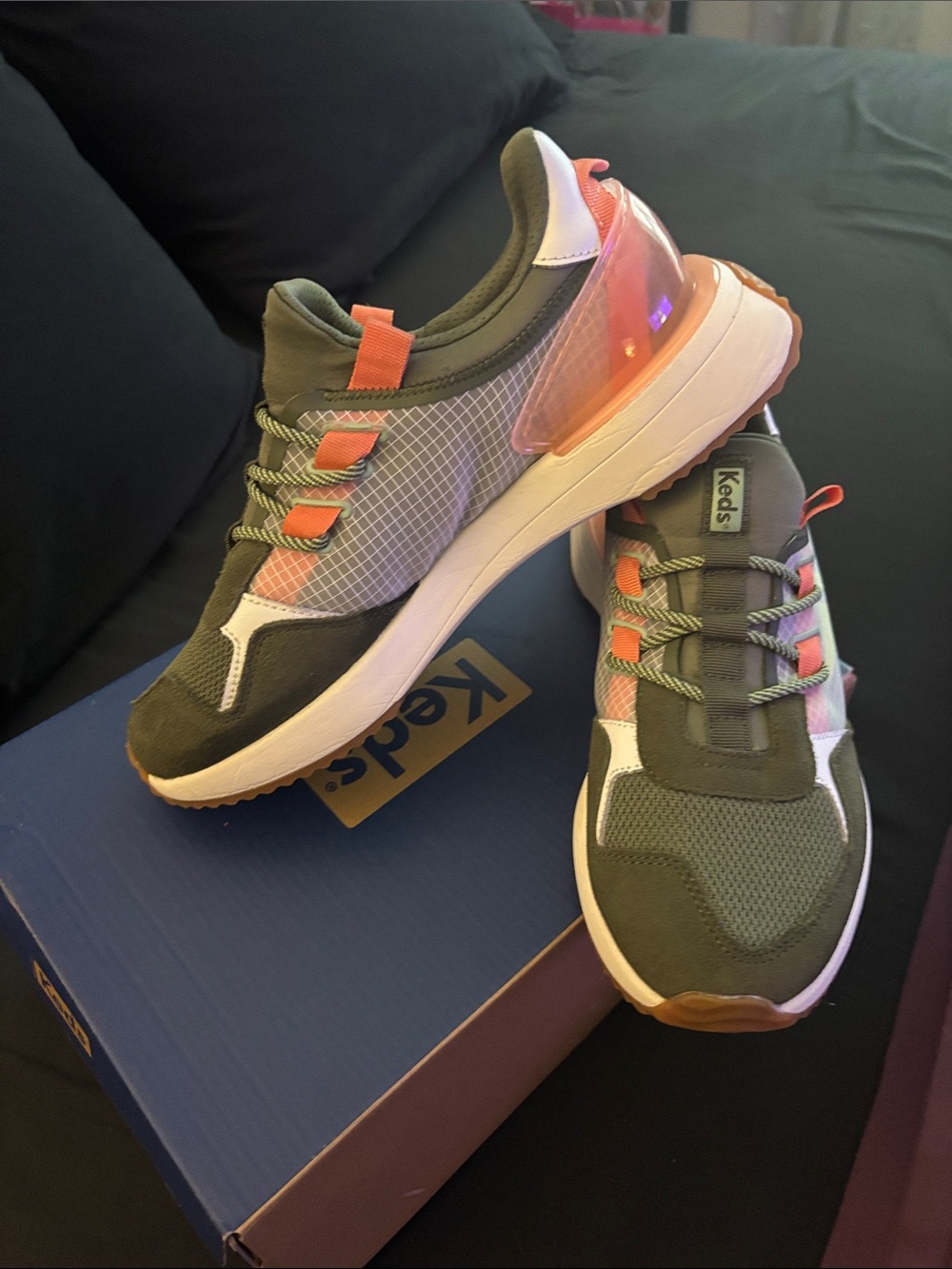 Keds Olive Green and Coral Slip In Sneakers